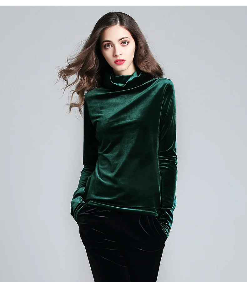 Бархатные рубашки больших размеров M-6XL 7XL, Женская винтажная бархатная блузка с длинным рукавом и высоким воротником, Женский Топ, базовая велюровая рубашка черного и зеленого цвета