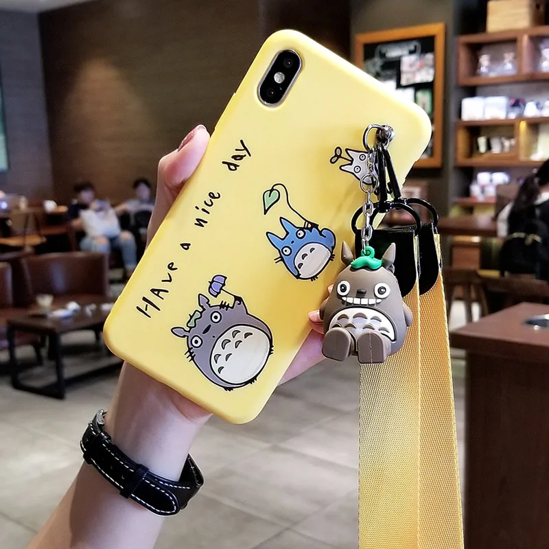 Totoro case for iPhone XS/X 7/8 plus cartoon cat silicone back cover for iPhone XS Max shell for iPhone 6 6s+ 3D holder + strap