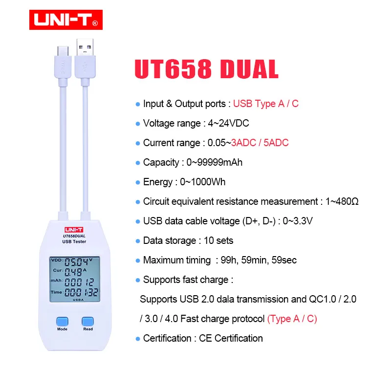 UNI-T UT658A/UT658C/UT658DUAL серия USB измеритель мощности цифровой измеритель напряжения/тока/емкости/энергии и сопротивления - Цвет: UT658DUAL