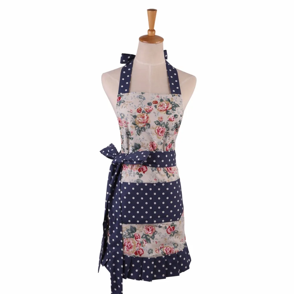 

100% Cotton Kitchen Women Apron European Flower Splicing Wave point Fabric Design Aprons Elegant Princess Apron Dress