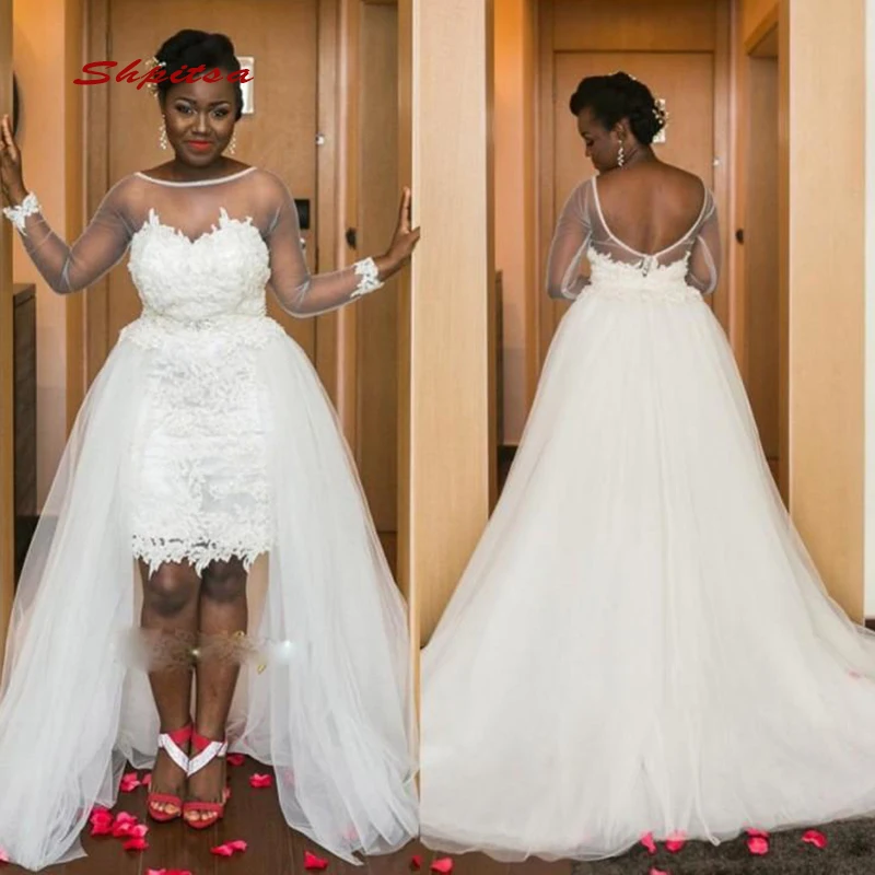 С длинным рукавом кружево Свадебные платья Съемная юбка Тюль Плюс размеры невесты Свадебный Свадебные