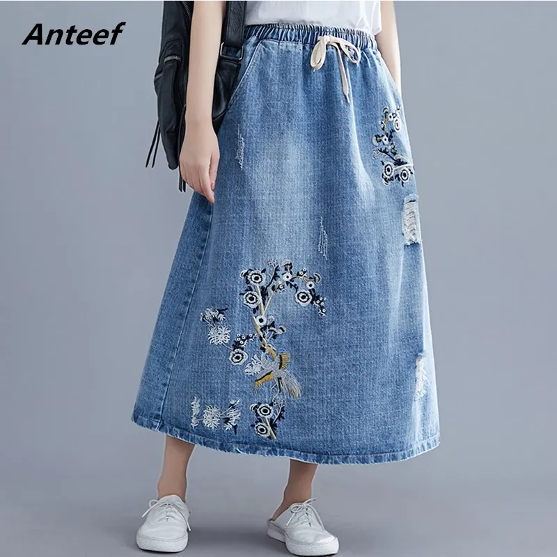 

2019 vintage embroidery floral plus size high waist autumn summer casual loose long denim skirt women skirts female clothes