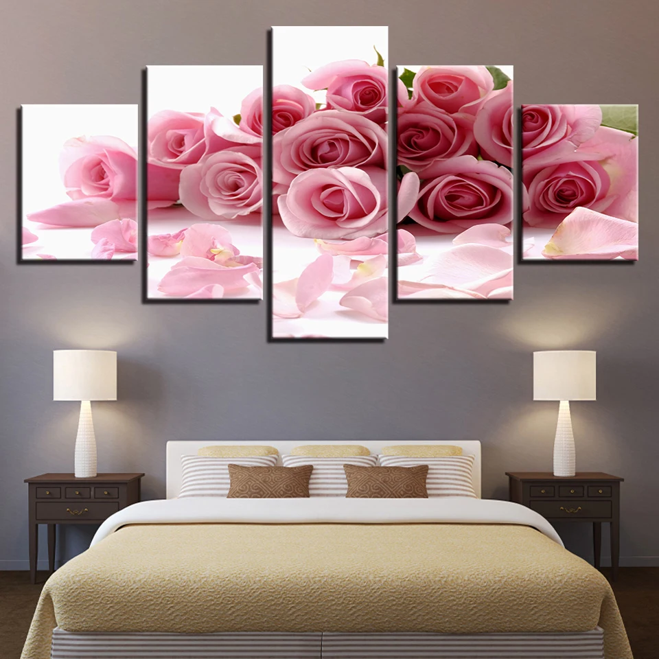 Картины на холсте HD печатает стены Искусство 5 шт. Розовые розы Букет живопись Декор для гостиной модульные цветы лепесток плакат рамки