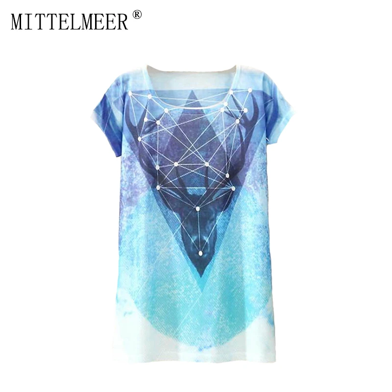 

2017 Brand New Polyester T-Shirt Women Short Sleeve t-shirts o-neck Causal loose Star deer t shirt Summer tops for women