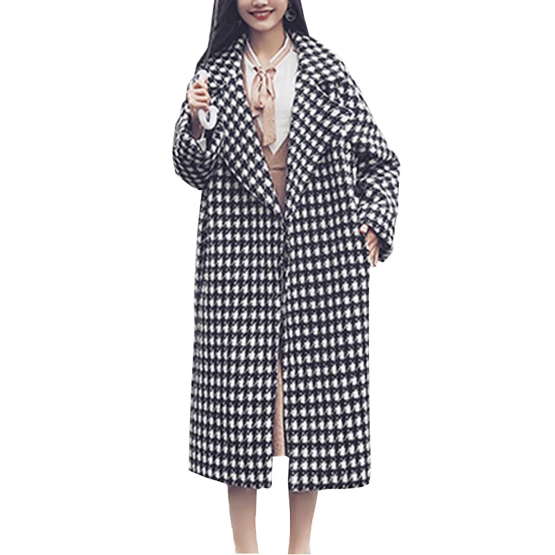 

2018 Winter Coat Women Turn-Down Collar Plaid Wool Blend Coat Female Oversize Long Loose Trench Coat Outwear Wool Casacos ZS262