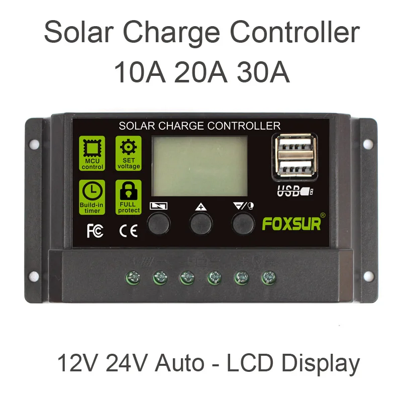 

FOXSUR Solar Charge Controller 12V 24V Auto LCD Display with Dual USB 5V Output 30A 20A 10A PWM Solar Charger Regulator