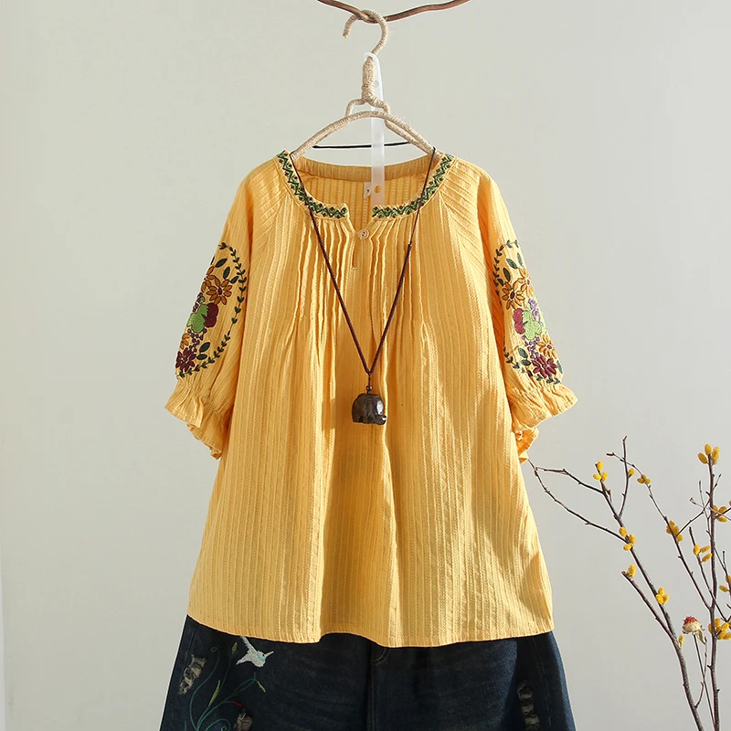 Summer kawaii tops for ladies, yellow top cotton linen tshirt women embroidery ruffle shirt short sleeve clothes good quality