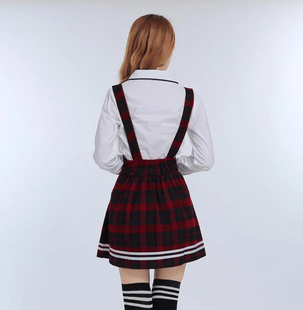 Японская школьная форма для девочек студентов класса, милая Одежда для девочек плюс размер темно-синяя юбка с лямками+ белая рубашка+ чулки 3 шт./компл