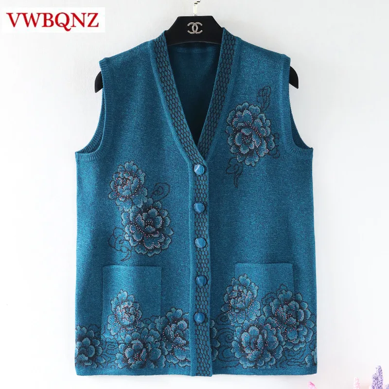 

Spring Autumn Grandmother Sweater Knitted Sleeveless Coat Large size 5XL V-neck Loose Warm Vest Jacket Women Cardigan Casual Top