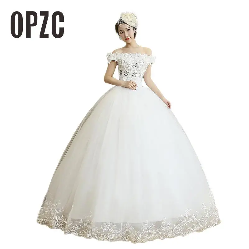 

2017 New Arrival Boat Neck floor-length Lace Up Ball Gown Off the Shoulder Wedding Dresses Vestidos De Noivas Plus Size CC