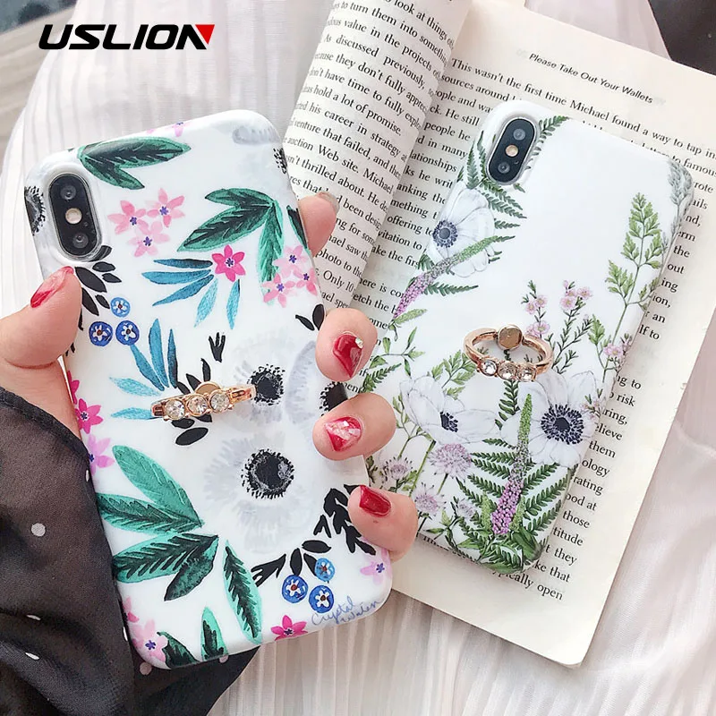 

USLION Diamond Ring Holder Flower Case For iPhone 7 6 6s 8 Plus Soft Phone Cases For iPhone X XR XS Max TPU Silicone Cover Coque