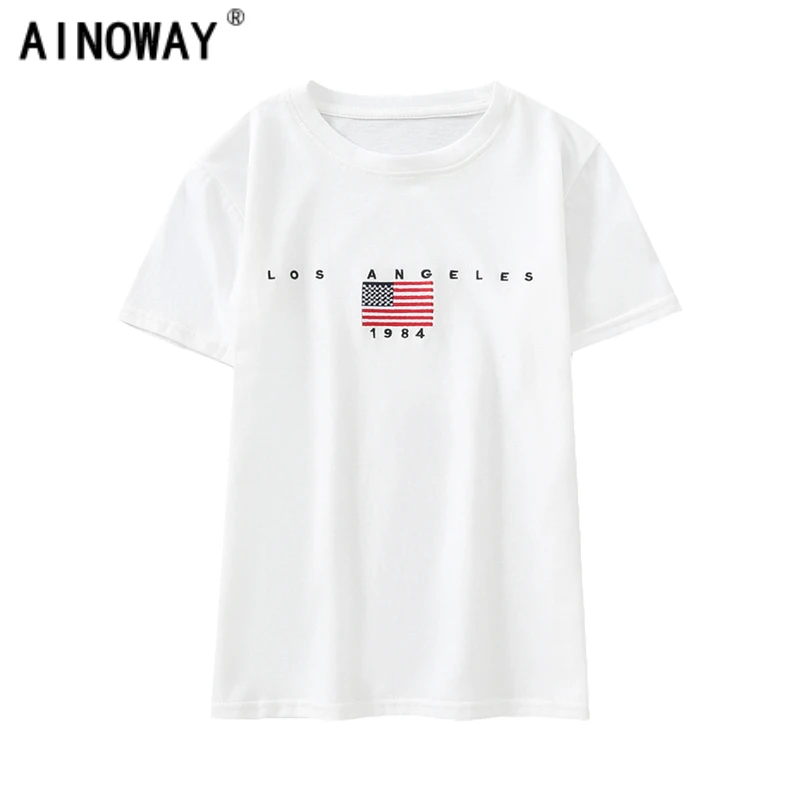 

Summer 2018 vintage Women american flag embroidery o-neck T-shirt punk tops cotton Harajuku Tshirt female short sleeve Tees