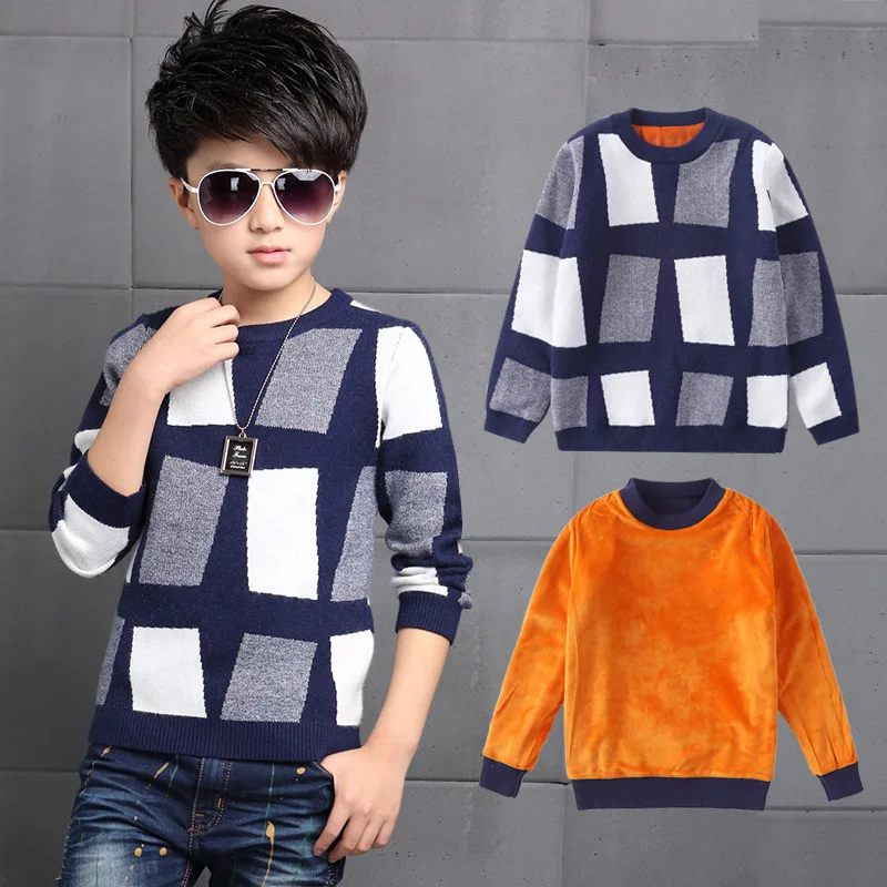 

New Winter Boys Kids Children's Plus Velvet Thick Warm Pullovers Sweater Jumpers For Big Teenager Boys Sweaters Tops Clothes