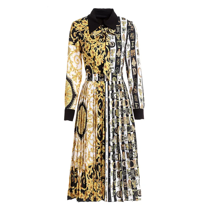 Arc Mode Neck De Grand Robe Pour Plissée Piste Turn Manches Style down Baroque Robes La Rue Partie Patchwork Pleine 87xqPE