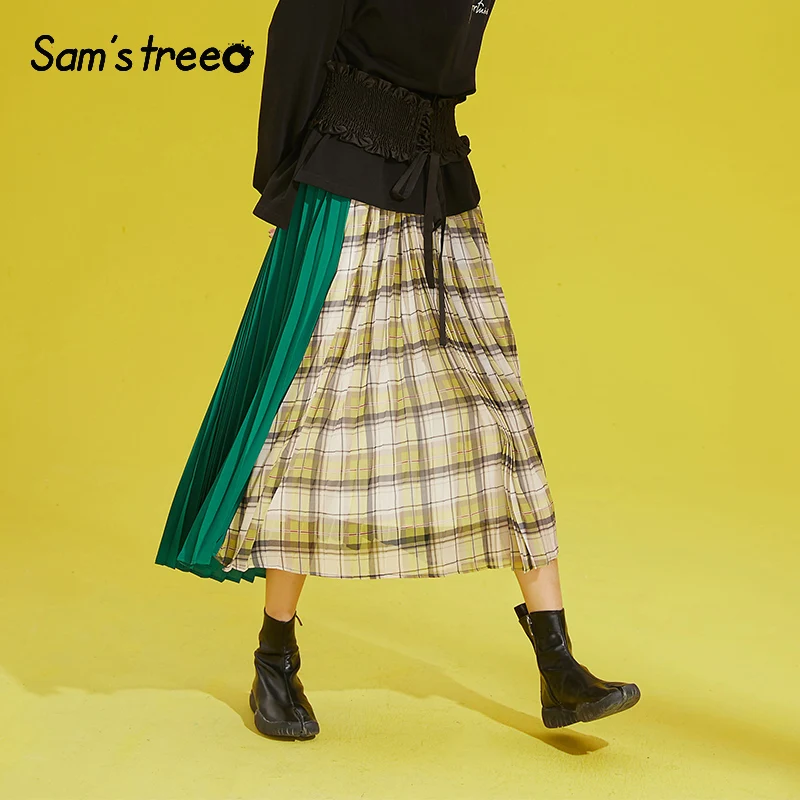 

Women Green Accordion Pleated Skirt Spring Yellow Plaid Patchwork High Street Mid-Calf Long Skirts A-line Elastic Wasit Skirt