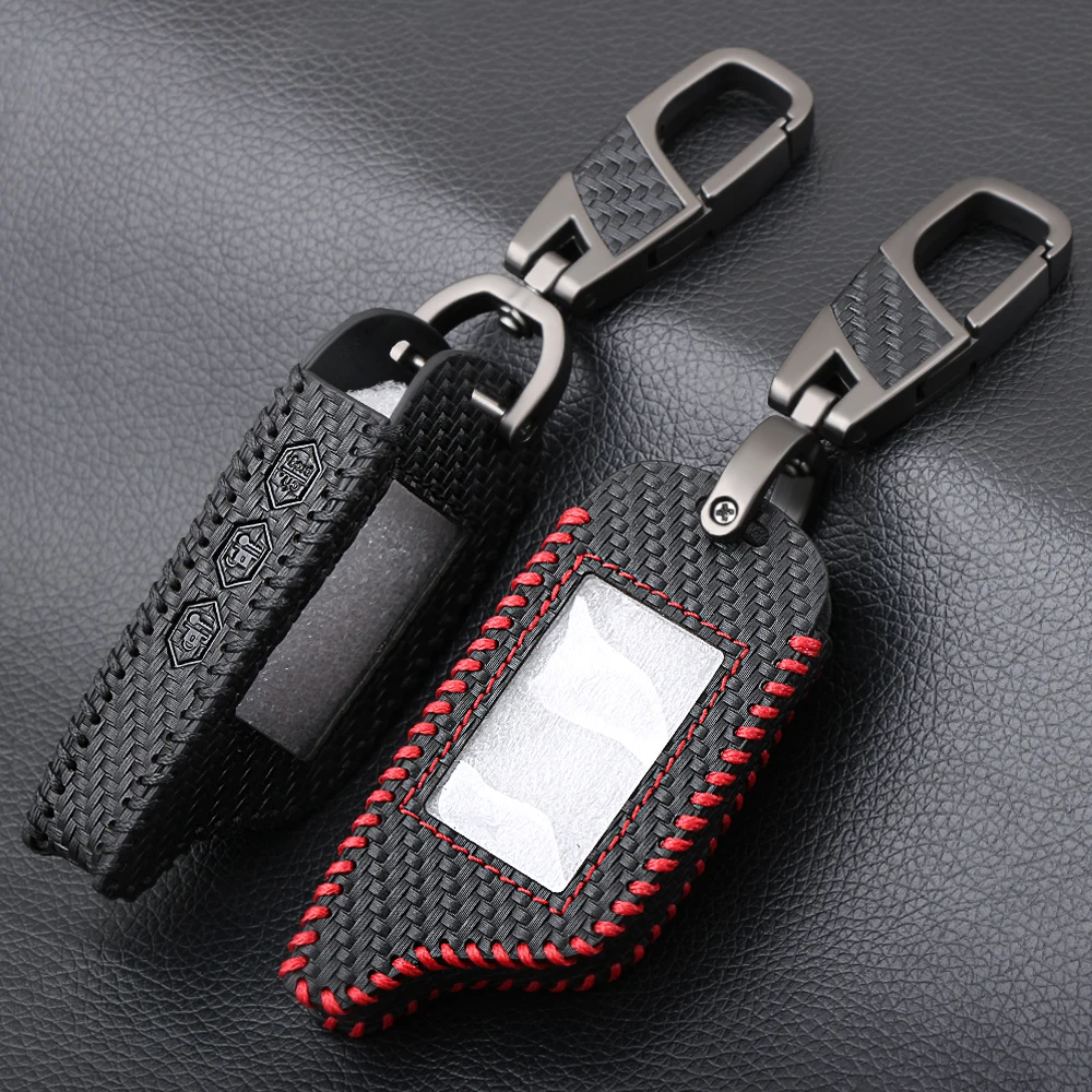 

Carbon Fiber Style Leather Car-Styling Key Cover Case For Starline B9 B6 A91 A61 Twage Two Way Car Alarm System keychain