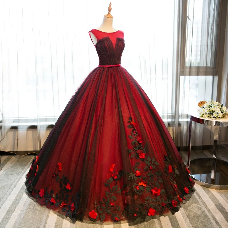 Real Picture Dark Red Puffy Prom Dresses 2019 Flowers Applique Bandage ...