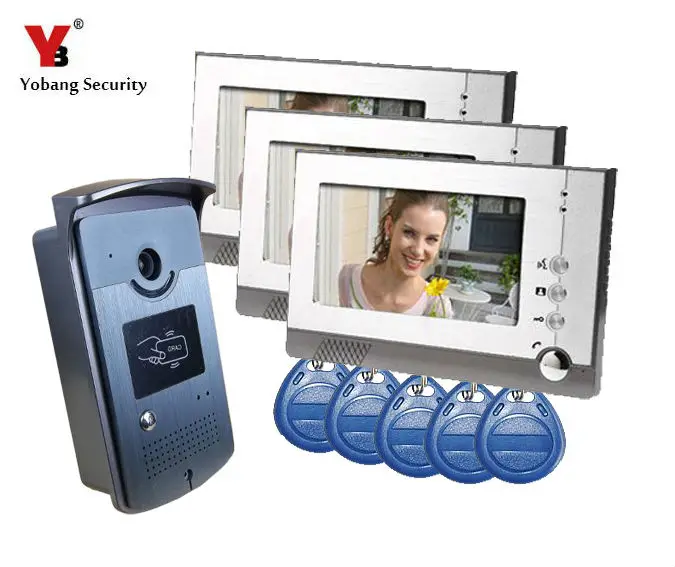 

YobangSecurity 7 Inch Video Door Phone Doorbell Intercom Entry System Kit 3-Monitor 1-Camera Night Vision,Support RFID Card