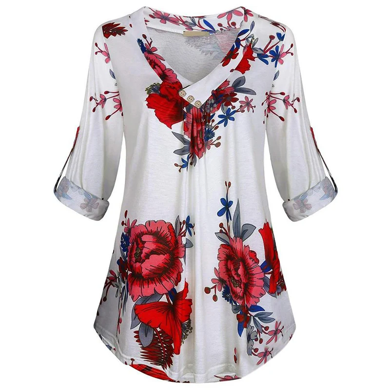 

Plus Size 5XL Women Tunic Shirt 2019 summer Long Sleeve Floral Print V-neck Blouses And Tops With Button Big Size Women Clothing