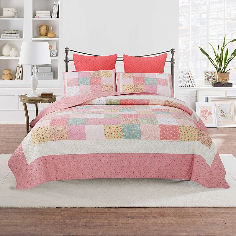 

Quality Bedspread Patchwork Quilt Set 3pcs Flowers Cotton Coverlet Quilted Quilts Bed Cover Pillowcase King Queen Size Blanket