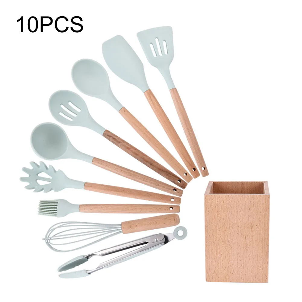 Набор кухонной посуды 9 шт., силиконовая посуда для приготовления пищи с бамбуковыми деревянными ручками, антипригарная кухонная посуда, нетоксичные токарные щипцы, лопатка, ложка