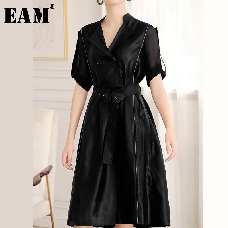 

[EAM] 2019 New Autumn Summer Lapel Short Sleeve Black Loose Waist Bandage Temperament Suit Dress Women Fashion Tide JT707