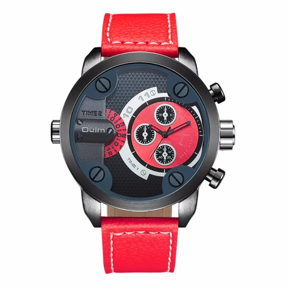New OULM 3130 Mens Large Face Watches Unique Design Dual Time Leather