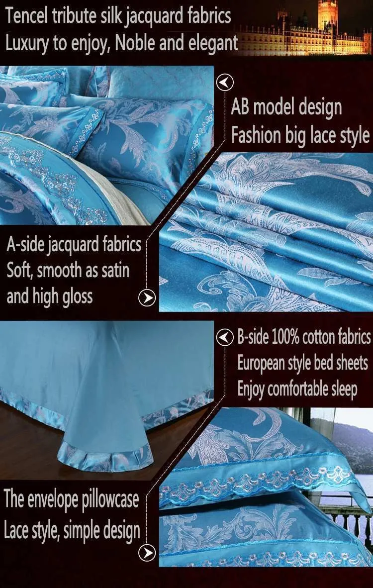 Комплект постельного белья жаккардовый шелк хлопок king queen размер 4 шт кружева сатин одеяло/одеяло комплект постельного белья Роскошная простыня наволочки