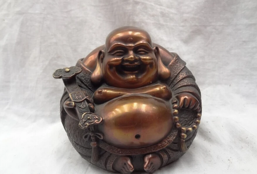 

S4806 Chinese Pure Bronze RuYi Happy Laughing Maitreya Buddha Hold RuYi Bead Statue D0317