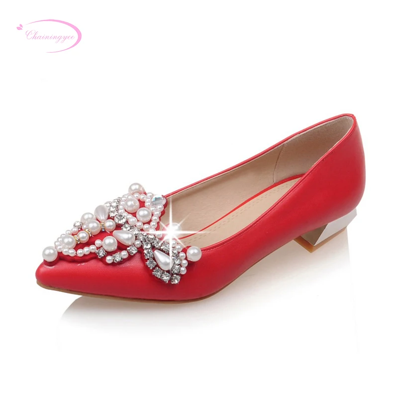 

Chainingyee party style sexy pointed toe pumps fashion diamond beading slip beige white red low heel women's shoes