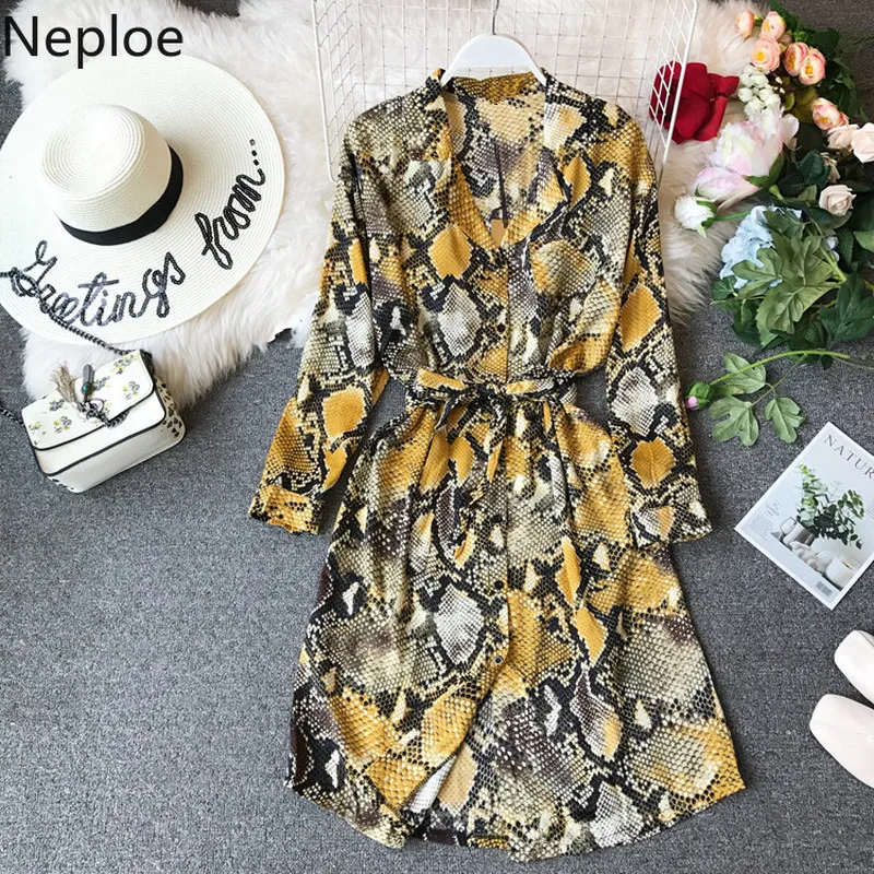 

Neploe Fashion Leaopard Women Dresses New Notched Collar Long Sleeve Vestidos Single Breasted Drawstring Female Dress 44748