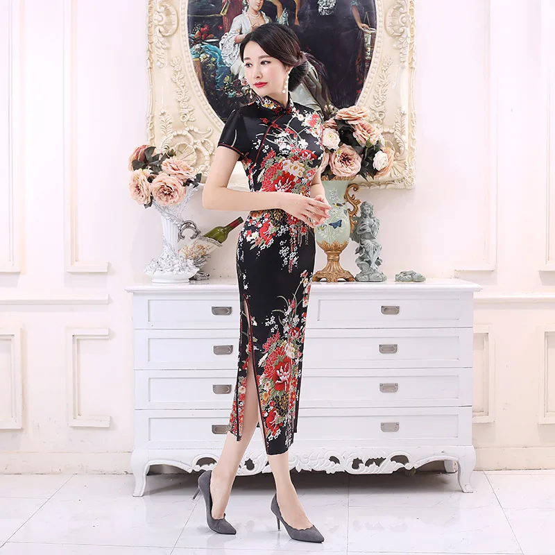 Размера плюс 6XL китайское женское платье Cheongsam Qipao черный с цветочным принтом
