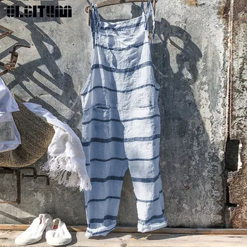 

Women Pants Autumn 2020 New Loose Stripe Flax Bib Pants Large Size S-3XL 4 Colors Causal Female Pants PT433