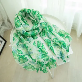 

Women Luxury Brand Green Leaves Floral Tassel Viscose Scarf Ladies Print Soft Thin Shawls and Wrap Bandana Foulard Hijab Sjaal
