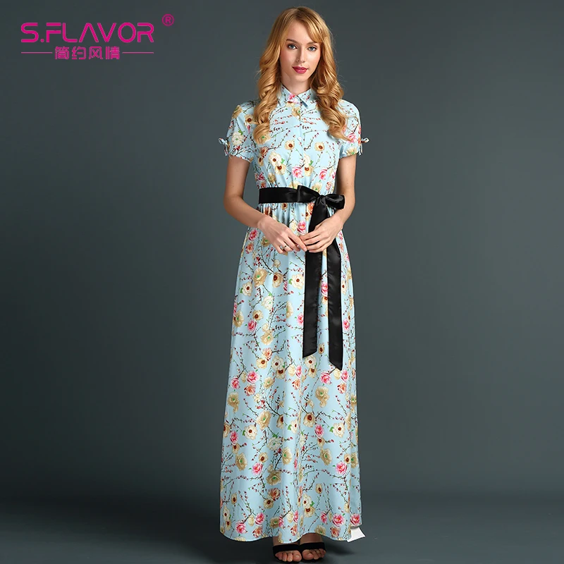 

S.FLAVOR Fashion Floral Printed Long Dress Bohemian Style Short Sleeve Casual Party Vestidos For Female Beach Sundress