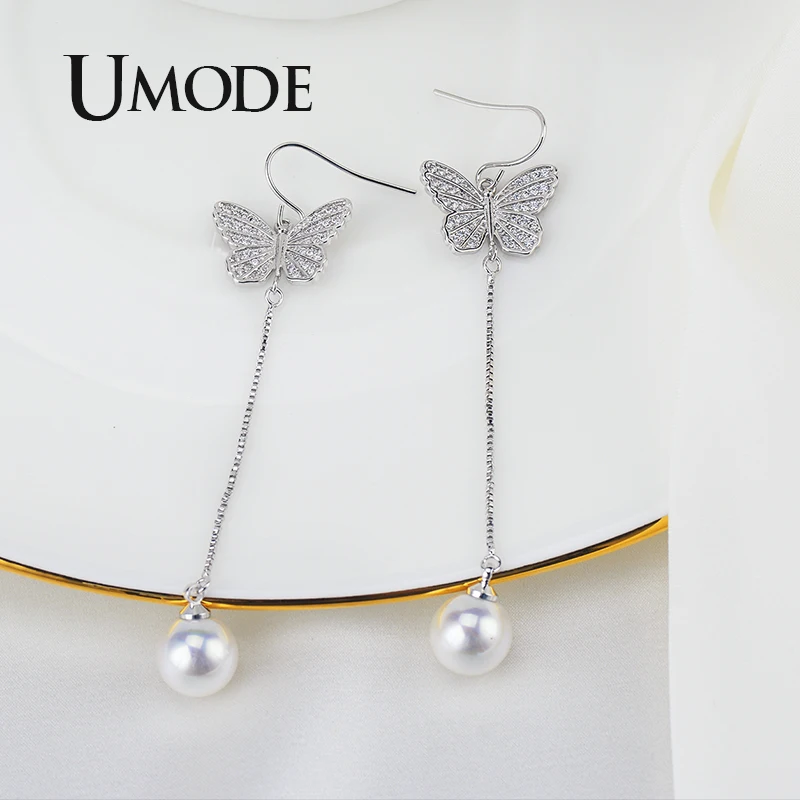 UMODE Новые висячие серьги с бабочкой для женщин женские белые жемчужные Висячие Серьги Висячие невесты модные ювелирные изделия UE0473