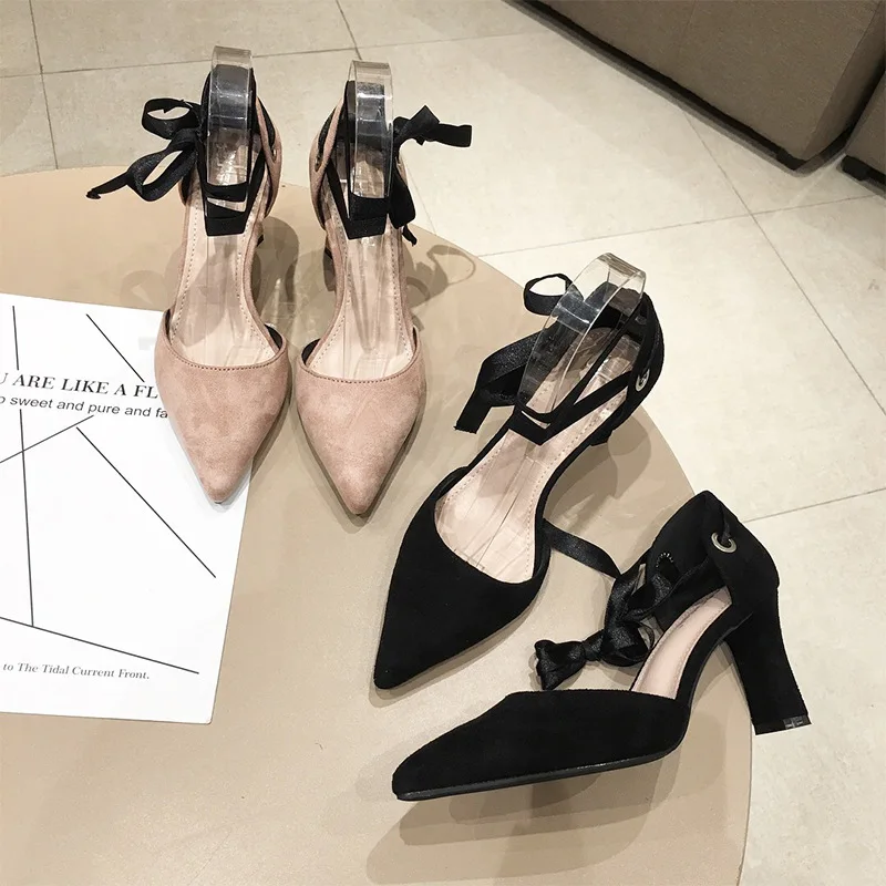 

2019 summer new style simple and simple solid color pointed high heels women suede comfortable ankle straps high heels.
