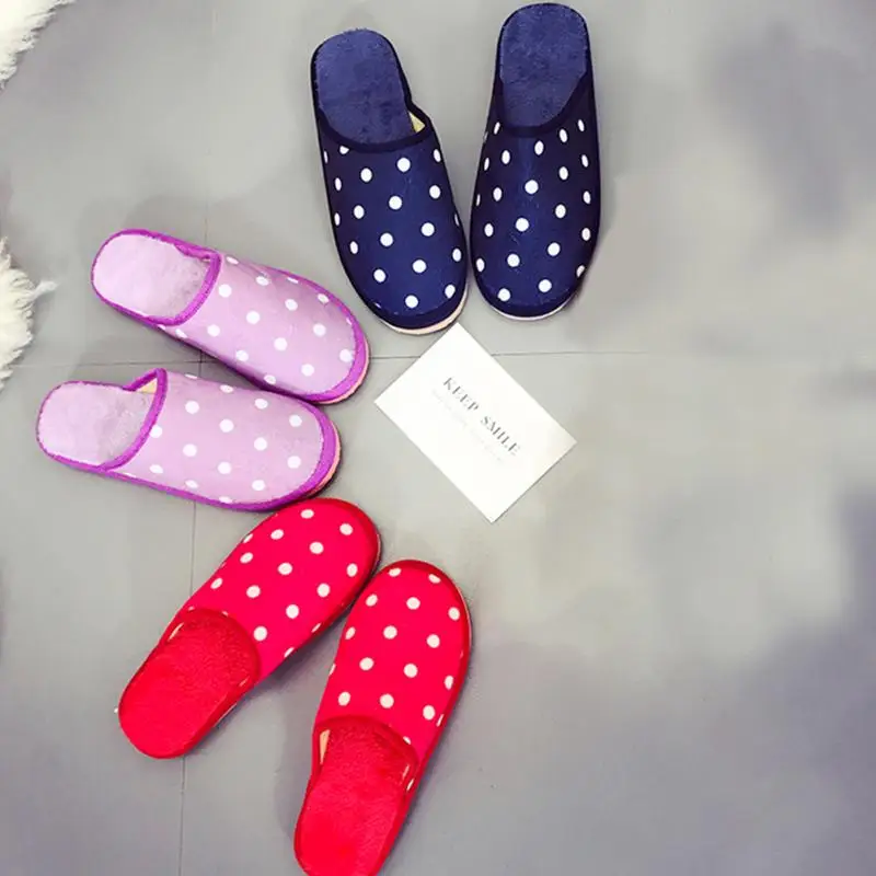 

Autumn Winter Polka Dots Soft Cotton Slippers Women Men Indoor Home Slippers Mules Non-slip Warm Bedroom Lovers Couples Sides