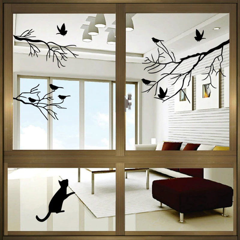 

Free Shipping Cat Play With Tree Branch Birds Wall Stickers Decor Decals for Wall and WindowS Vinyl Removable Decal Wall Murals