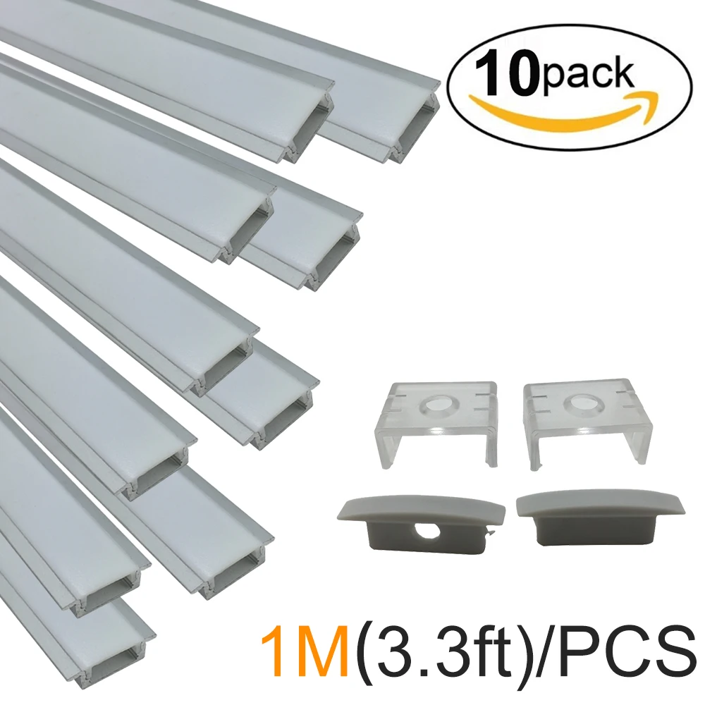 

10-Pack 1m(3.3ft) Silver LED Bar Light U-Shape12mm Led Aluminum Profile with Cover End Cap Clips for 3528 5050 LED Strip
