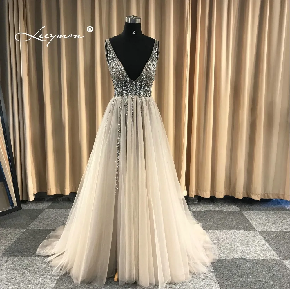 V Neck Sparkly Evening Dress 2018 Backless Evening