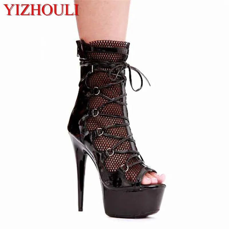 

Mesh 15cm PU imitation leather, black stiletto heels, sexy women's ankle boots, autumn pole dancing shoes