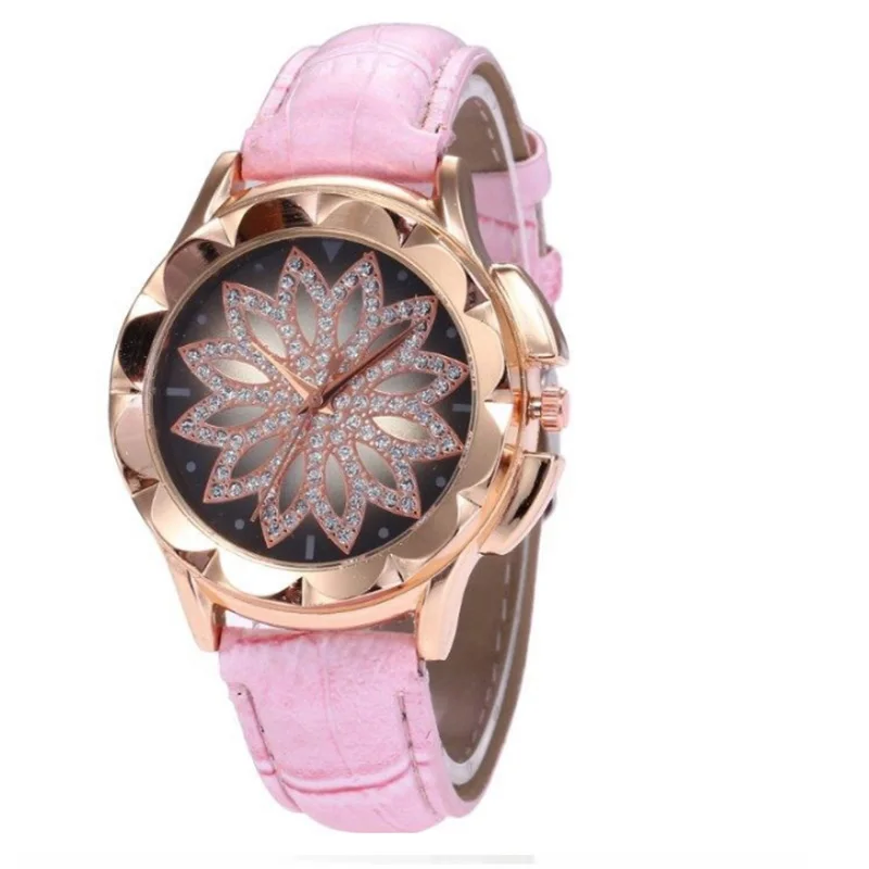 Женские часы люксовый бренд дикие женские повседневные часы Кристалл платье кожа часы кварцевые часы женские лепесток часы Reloj Mujer - Цвет: Розовый