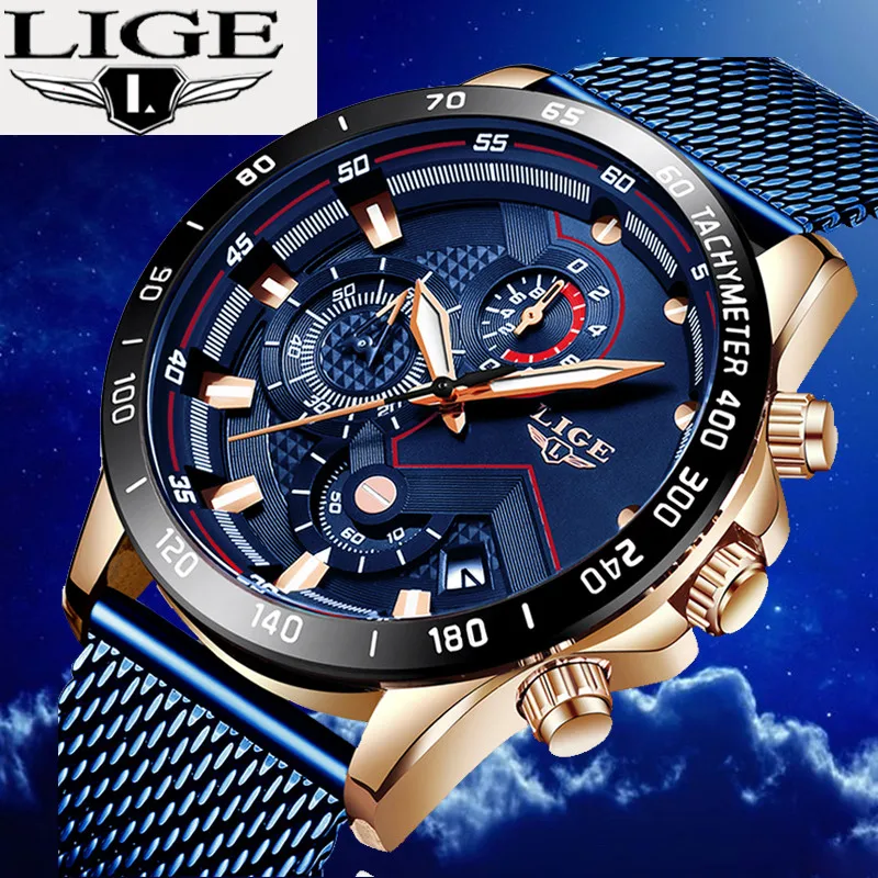 

2019 LIGE Latest model Blue Casual Fashion Mesh Belt Chronograph Quartz Mens Watches Brand Luxury Waterproof Relogio Masculino