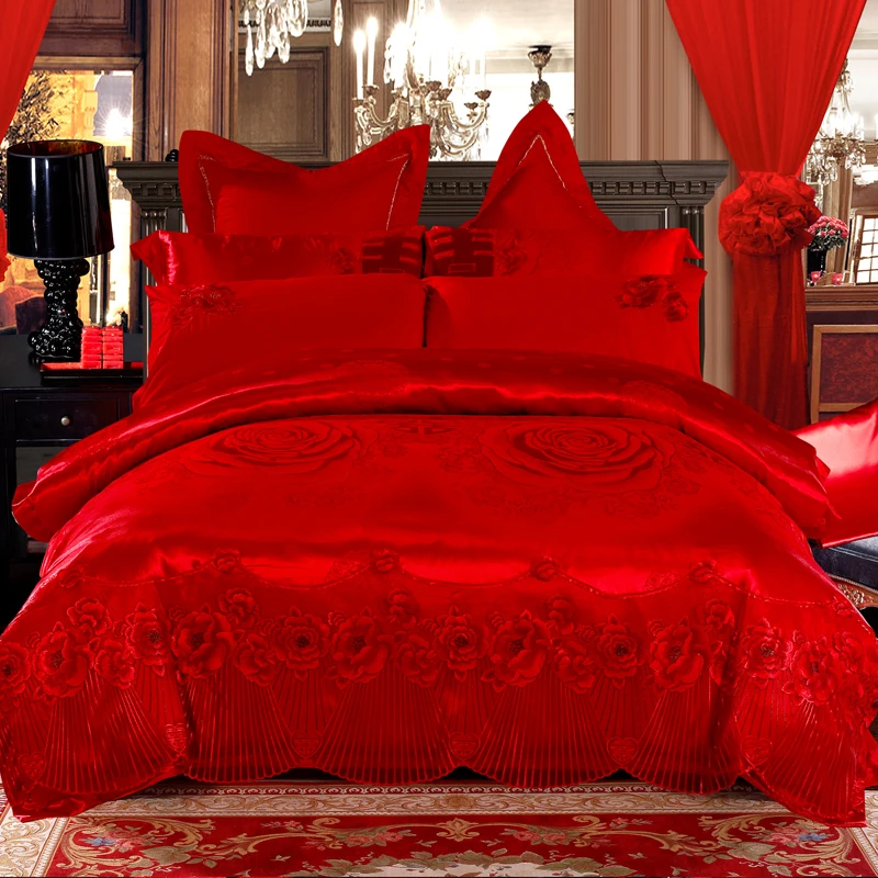 Luxo broca de cetim de algodão conjunto de cama de seda do casamento de rosa vermelha Roupa de Cama de Capa de edredon Fronha Folha de Cama Queen size Rei bedclothe