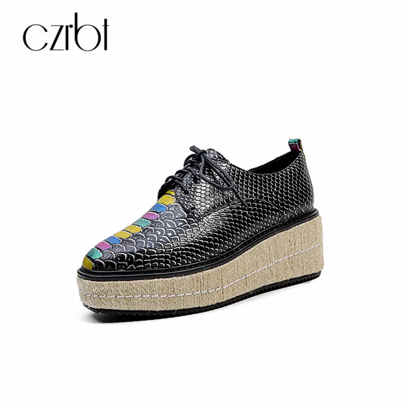 

CZRBT Personality Painting Lace UP Straw Platform Shoes High Platform 7cm Plus Size Female Flat Shoes 2018 Casual Women Shoes