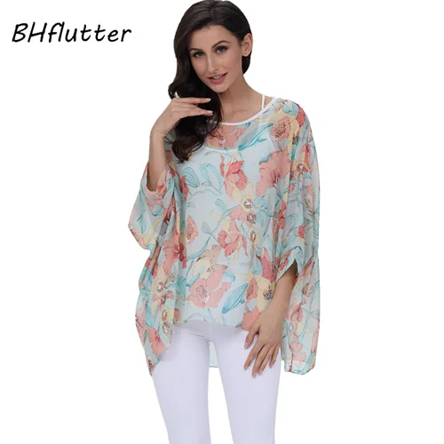 BHflutter 4XL 5XL 6XL размера плюс женская одежда новая шифоновая блузка рубашка рукав летучая мышь летний с буквенным принтом топы блузки - Цвет: picture color