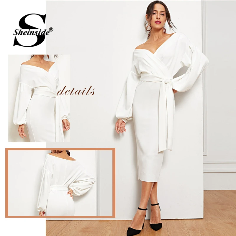 Sheinside Bianco Elegante di Goccia Spalla Con Scollo A V Del Manicotto di Soffio Delle Donne del Vestito di Primavera Casual Con Cintura Wrap Vestiti Da Partito Split Vestito Aderente