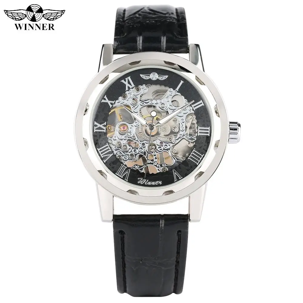 

Fashion Skeleton Watch Mechanical for Men Silver Case Watch for Teenagers Business Hand-Wind Mechanical Watches for Boy