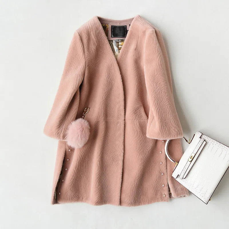 AYUNSUE модное пальто из натурального меха для стрижки овец, женские зимние куртки для женщин, пальто из меха лисы с помпонами из натурального меха bontjas 17011 - Цвет: Pink